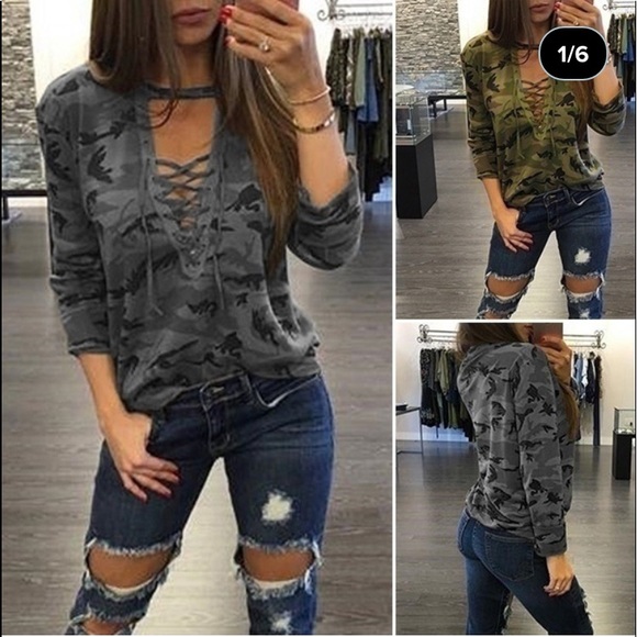 🦋 Gray Camouflage Lace-up Long Sleeve Top - Picture 4 of 8